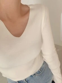 DAZY Solid V Neck Slim Jumper - Beige - View 6