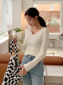 DAZY Solid V Neck Slim Jumper - Beige - View 7