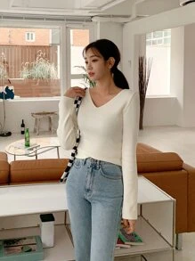 DAZY Solid V Neck Slim Jumper - Beige - View 8