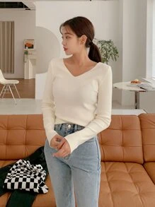 DAZY Solid V Neck Slim Jumper - Beige - View 9