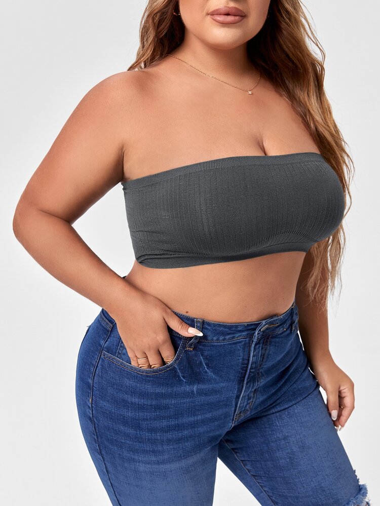Plus Ribbed Bandeau Bra - Dark Grey - View 1