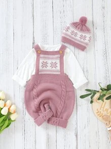 SHEIN Baby Girl Geo Pattern Cable Knit Jumpsuit & Hat Without Tee - Pink - View 1