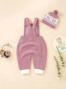 SHEIN Baby Girl Geo Pattern Cable Knit Jumpsuit & Hat Without Tee - Pink - View 2