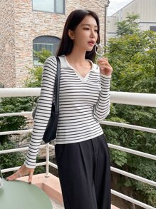 DAZY Striped Pattern Ribbed Knit Jumper - White - View 7