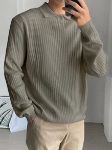 DAZY Men Polo Neck Ribbed Knit Jumper - Khaki - View 1