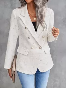 SHEIN Privé Lapel Neck Double Breasted Tweed Blazer Fall Cloth For Women - White - View 3