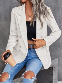 SHEIN Privé Lapel Neck Double Breasted Tweed Blazer Fall Cloth For Women - White - View 6