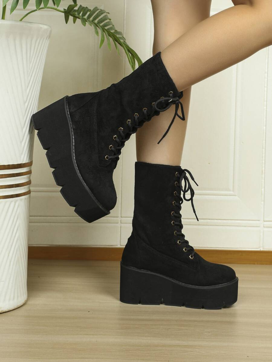Lace-up Front Faux Suede Wedge Boots - Black - View 1