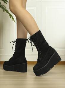 Lace-up Front Faux Suede Wedge Boots - Black - View 2