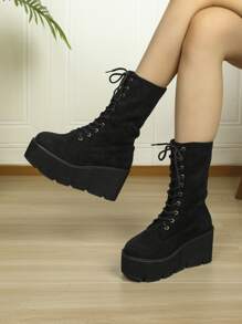 Lace-up Front Faux Suede Wedge Boots - Black - View 4