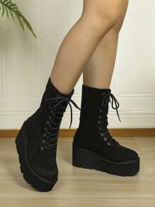 Lace-up Front Faux Suede Wedge Boots - Black - View 5