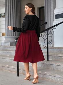 SHEIN LUNE 大碼撞色荷葉袖繫腰帶連衣裙 - 酒紅色 - 查看 2