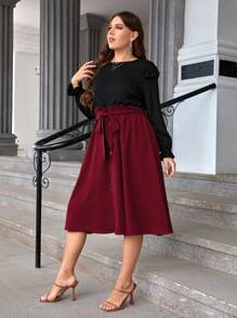 SHEIN LUNE 大碼撞色荷葉袖繫腰帶連衣裙 - 酒紅色 - 查看 3