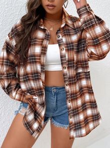 EMERY ROSE Plus Plaid Print Drop Shoulder Shirt Fall Cloth For Women - Rust Brown - View 1