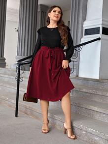 SHEIN LUNE 大碼撞色荷葉袖繫腰帶連衣裙 - 酒紅色 - 查看 4