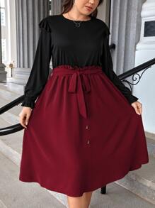 SHEIN LUNE 大碼撞色荷葉袖繫腰帶連衣裙 - 酒紅色 - 查看 6
