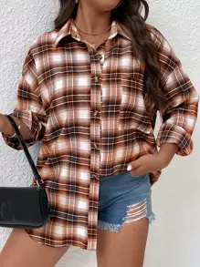 EMERY ROSE Plus Plaid Print Drop Shoulder Shirt Fall Cloth For Women - Rust Brown - View 3