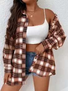 EMERY ROSE Plus Plaid Print Drop Shoulder Shirt Fall Cloth For Women - Rust Brown - View 6