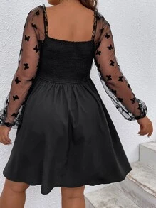 SHEIN Clasi Plus Contrast Butterfly Mesh Lantern Sleeve Dress - Black - View 5