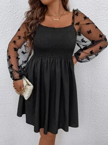 SHEIN Clasi Plus Contrast Butterfly Mesh Lantern Sleeve Dress - Black - View 4