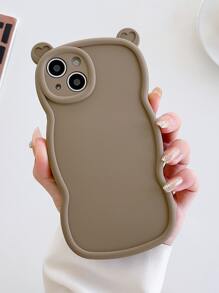 1pc Solid Color Painted Heart Shaped Cat Ear & Big Waves Pattern Phone Case Compatible With Iphone 14/13/12/11/Xr/Xmax - Coffee Brown - View 1