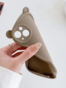 1pc Solid Color Painted Heart Shaped Cat Ear & Big Waves Pattern Phone Case Compatible With Iphone 14/13/12/11/Xr/Xmax - Coffee Brown - View 2