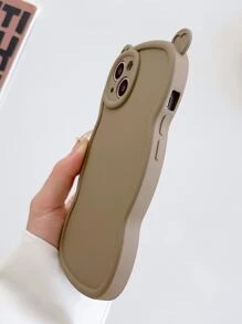 1pc Solid Color Painted Heart Shaped Cat Ear & Big Waves Pattern Phone Case Compatible With Iphone 14/13/12/11/Xr/Xmax - Coffee Brown - View 3