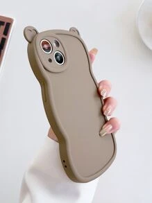 1pc Solid Color Painted Heart Shaped Cat Ear & Big Waves Pattern Phone Case Compatible With Iphone 14/13/12/11/Xr/Xmax - Coffee Brown - View 4