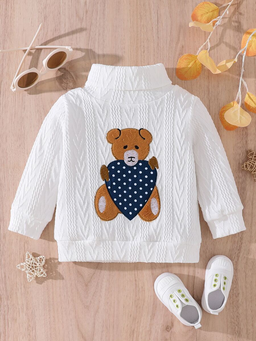 Baby Bear Embroidery Cable Knit Jumper - White - View 1