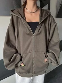 DAZY 拉鍊式下垂肩束口保溫連帽衛衣 - 咖啡棕 - 查看 5