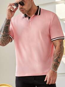 Manfinity Homme Men Plus Striped Trim Polo Shirt - Pink - View 1