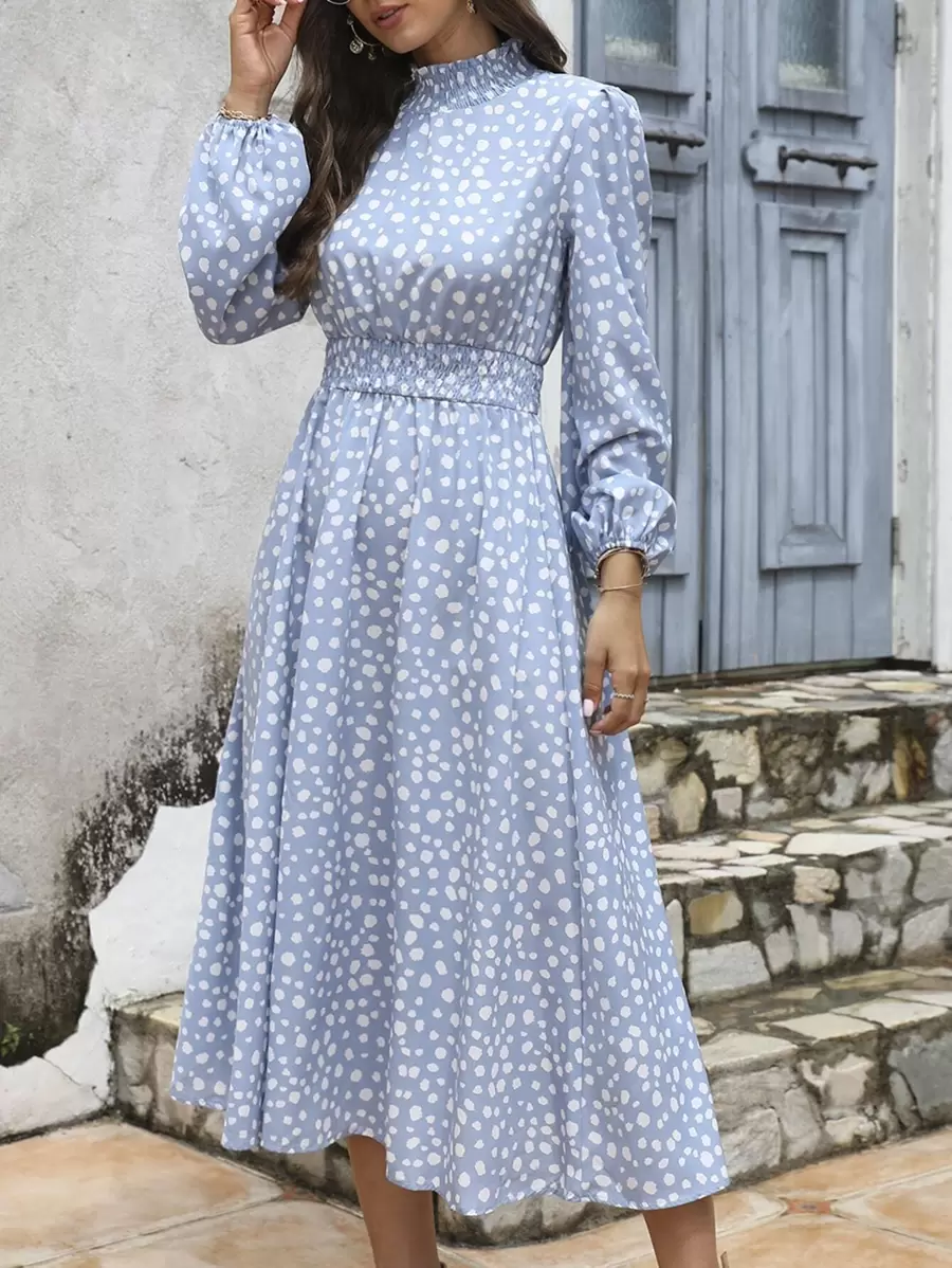 SHEIN Clasi 滿版印花腰部打褶A字連衣裙 - 藍色 - 查看 1