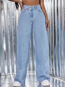 SHEIN ICON High Waist Raw Hem Wide Leg Jeans - Light Wash - View 4