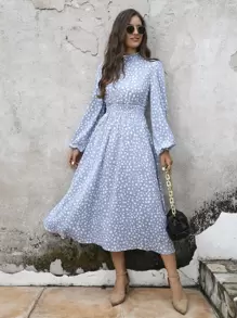 SHEIN Clasi 滿版印花腰部打褶A字連衣裙 - 藍色 - 查看 3