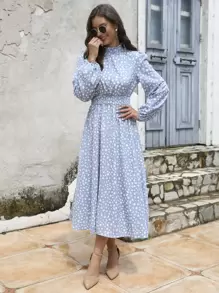 SHEIN Clasi 滿版印花腰部打褶A字連衣裙 - 藍色 - 查看 4