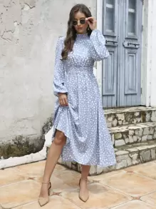 SHEIN Clasi 滿版印花腰部打褶A字連衣裙 - 藍色 - 查看 5