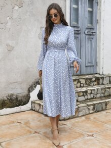 SHEIN Clasi 滿版印花腰部打褶A字連衣裙 - 藍色 - 查看 6