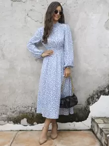 SHEIN Clasi 滿版印花腰部打褶A字連衣裙 - 藍色 - 查看 7