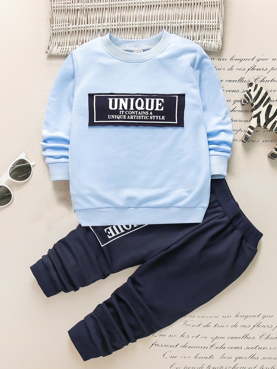 SHEIN Young Boy Slogan Patched Sweatshirt With Sweatpants - Blue - View 1