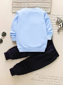 SHEIN Young Boy Slogan Patched Sweatshirt With Sweatpants - Blue - View 2