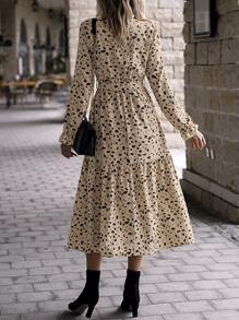 SHEIN Unity 斑點印花荷葉袖荷葉邊繫腰帶洋裝 - 卡其色 - 查看 2