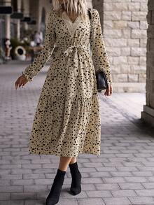 SHEIN Unity 斑點印花荷葉袖荷葉邊繫腰帶洋裝 - 卡其色 - 查看 4