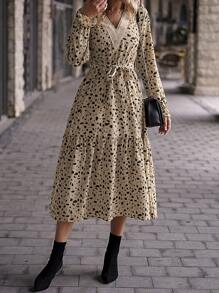SHEIN Unity 斑點印花荷葉袖荷葉邊繫腰帶洋裝 - 卡其色 - 查看 5