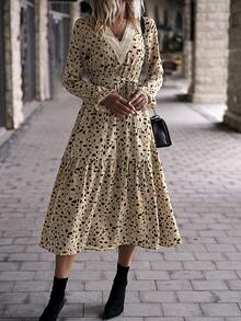 SHEIN Unity 斑點印花荷葉袖荷葉邊繫腰帶洋裝 - 卡其色 - 查看 6