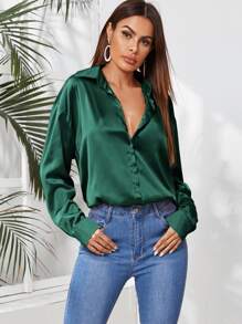 SHEIN Clasi Solid Button Through Satin Shirt - Dark Green - View 4