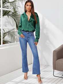 SHEIN Clasi Solid Button Through Satin Shirt - Dark Green - View 3