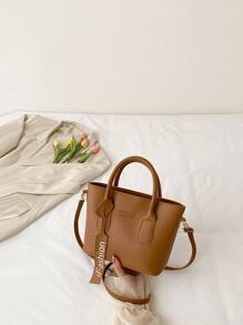 Letter Embossed Double Handle Square Bag With Bag Charm - Brown - View 1