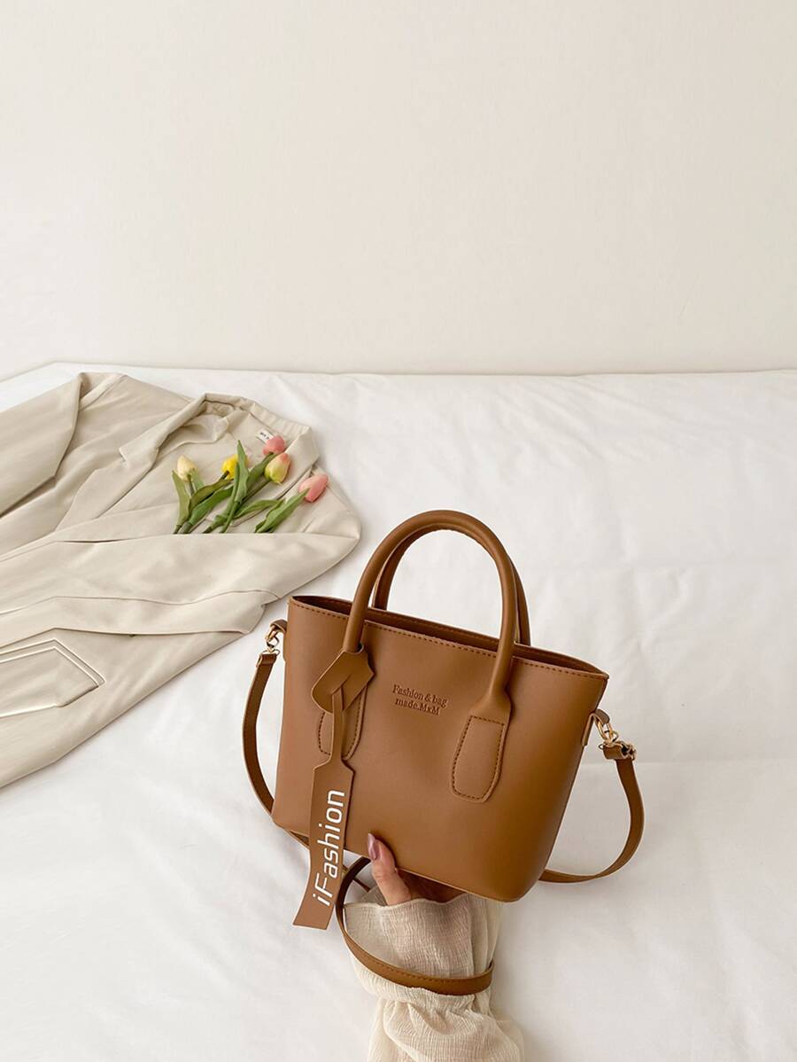 Letter Embossed Double Handle Square Bag With Bag Charm - Brown - View 1