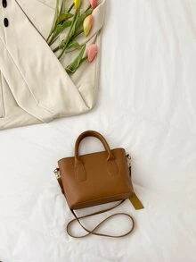 Letter Embossed Double Handle Square Bag With Bag Charm - Brown - View 2