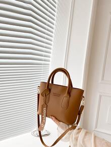 Letter Embossed Double Handle Square Bag With Bag Charm - Brown - View 4
